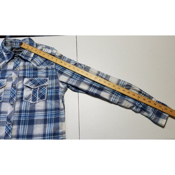 Buckle Black Long Sleeve Pyramid Snap Blue Plaid Slim Fit Shirt Men's Size Small - Picture 6 of 13